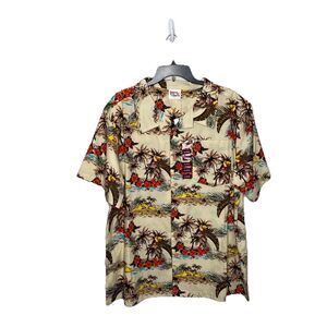 Barefoot In Paradise Hawaiian Shirt Men's Cream Brown Tropical Toucan Sz XL New